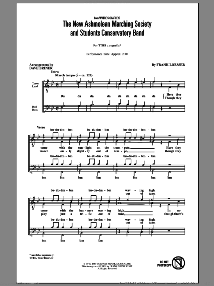 The New Ashmolean Marching Society And Students Conservatory Band sheet music for choir (TTBB: tenor, bass) by Frank Loesser and David Briner, intermediate skill level