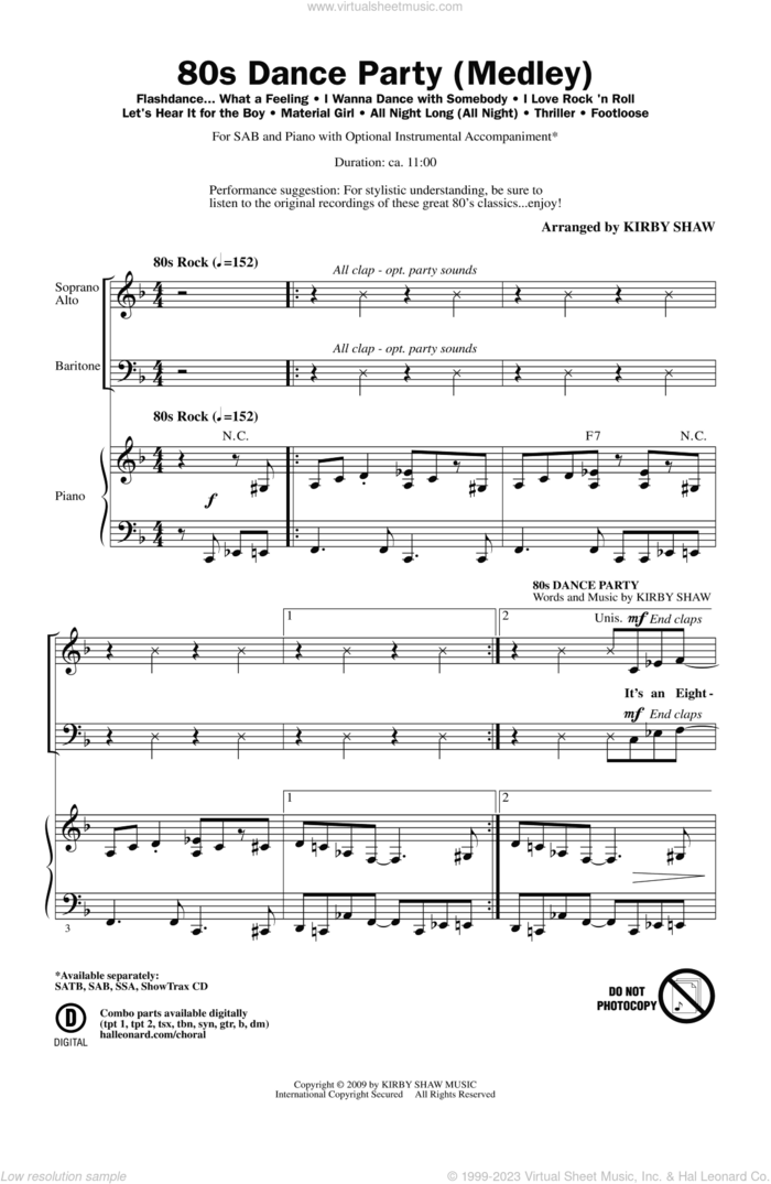 80s Dance Party (Medley) sheet music for choir (SAB: soprano, alto, bass) by Kirby Shaw, intermediate skill level