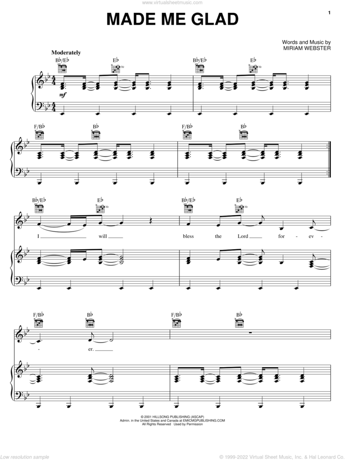 Made Me Glad sheet music for voice, piano or guitar by Miriam Webster, intermediate skill level