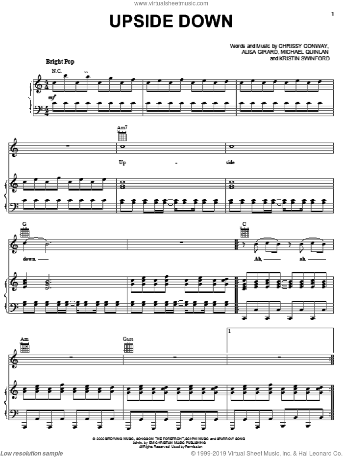 Upside Down sheet music for voice, piano or guitar by ZOEgirl, Alisa Girard, Chrissy Conway, Kristin Swinford and Michael Quinlan, intermediate skill level