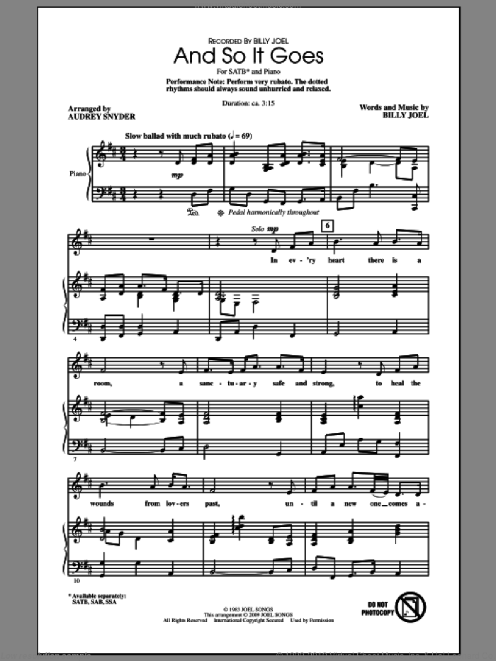And So It Goes (arr. Audrey Snyder) sheet music for choir (SATB: soprano, alto, tenor, bass) by Billy Joel and Audrey Snyder, intermediate skill level