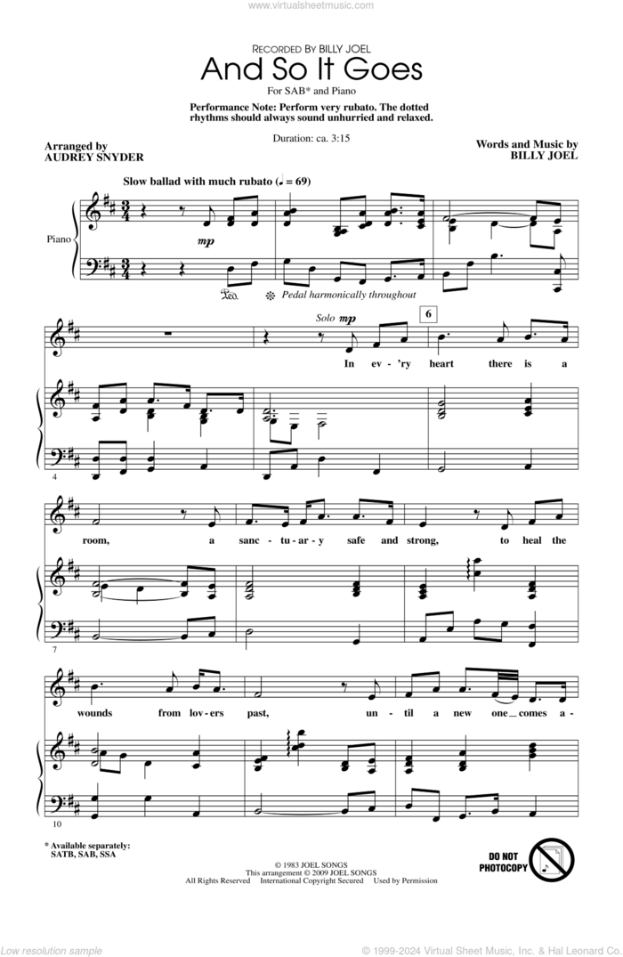 And So It Goes (arr. Audrey Snyder) sheet music for choir (SAB: soprano, alto, bass) by Billy Joel and Audrey Snyder, intermediate skill level