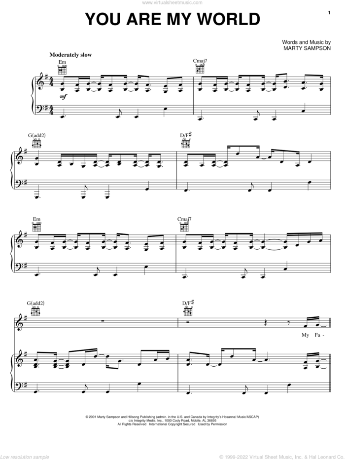 You Are My World sheet music for voice, piano or guitar by Marty Sampson, intermediate skill level