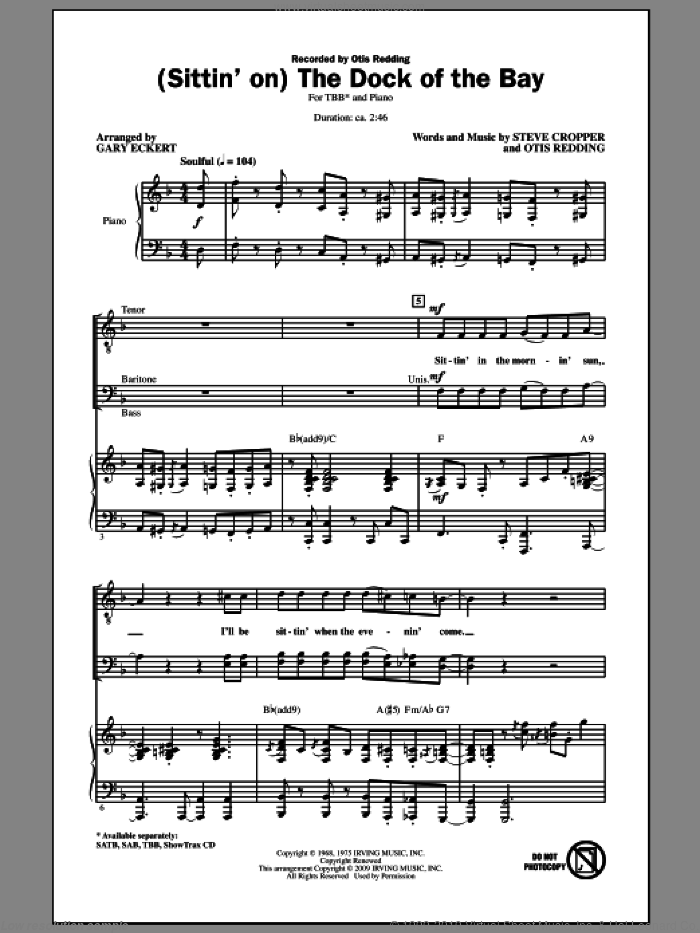 (Sittin' On) The Dock Of The Bay sheet music for choir (TBB: tenor, bass) by Otis Redding, Steve Cropper and Gary Eckert, intermediate skill level