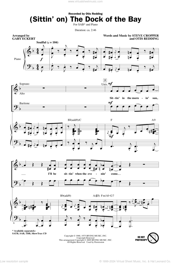 (Sittin' On) The Dock Of The Bay sheet music for choir (SAB: soprano, alto, bass) by Otis Redding, Steve Cropper and Gary Eckert, intermediate skill level