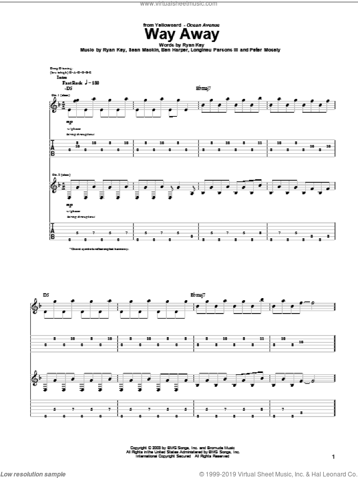 Way Away sheet music for guitar (tablature) by Yellowcard, Ben Harper, Longineu Parsons III, Peter Mosely, Ryan Key and Sean Mackin, intermediate skill level