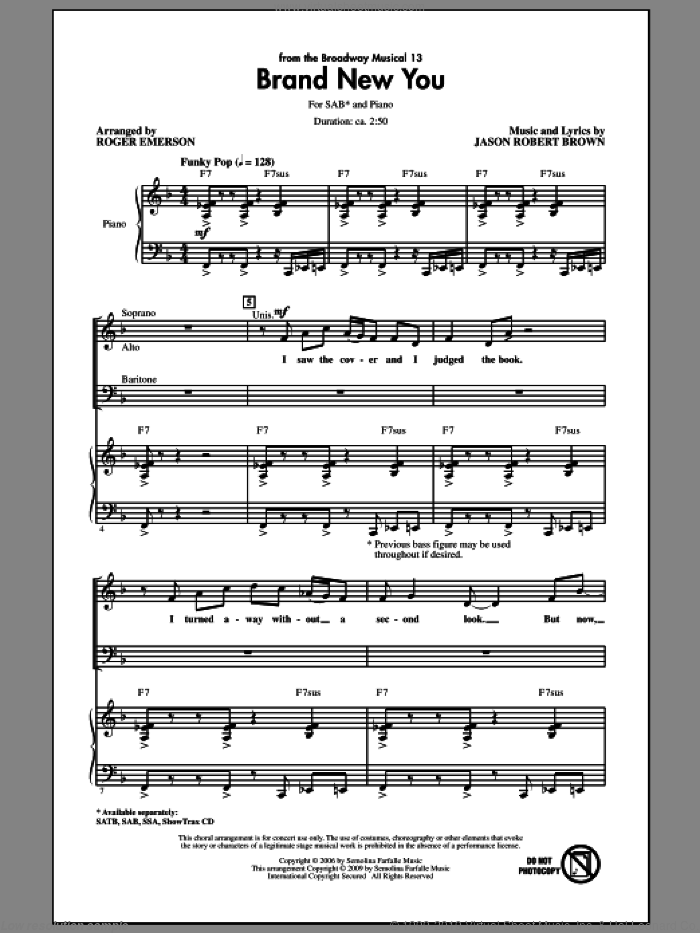 Brand New You (from 13) sheet music for choir (SAB: soprano, alto, bass) by Jason Robert Brown and Roger Emerson, intermediate skill level