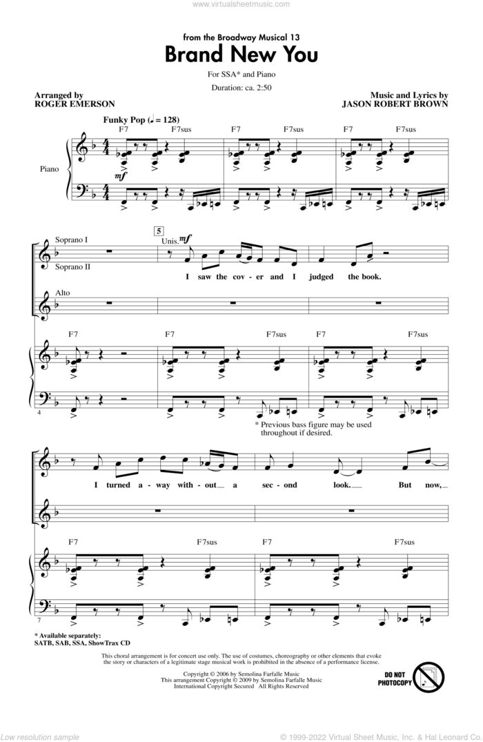 Brand New You (from 13) sheet music for choir (SSA: soprano, alto) by Jason Robert Brown and Roger Emerson, intermediate skill level