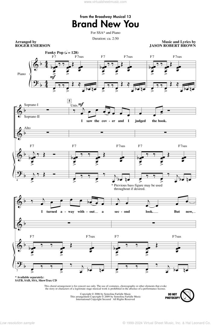 Brand New You (from 13) sheet music for choir (SSA: soprano, alto) by Jason Robert Brown and Roger Emerson, intermediate skill level