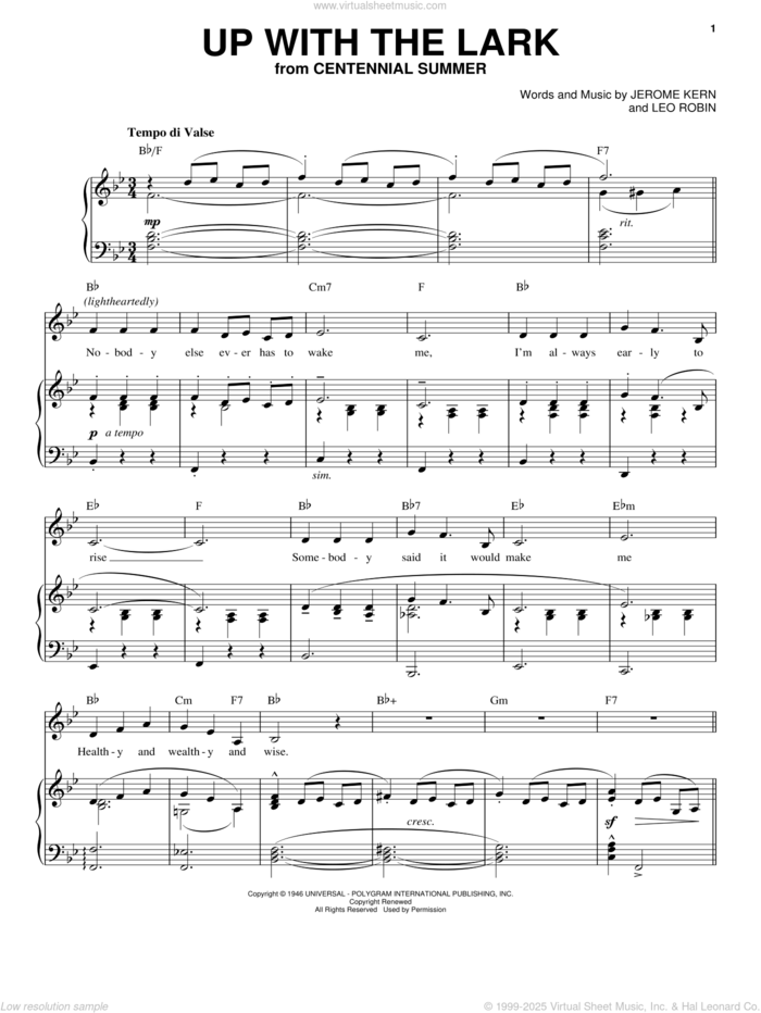 Up With The Lark sheet music for voice, piano or guitar by Jerome Kern and Leo Robin, intermediate skill level