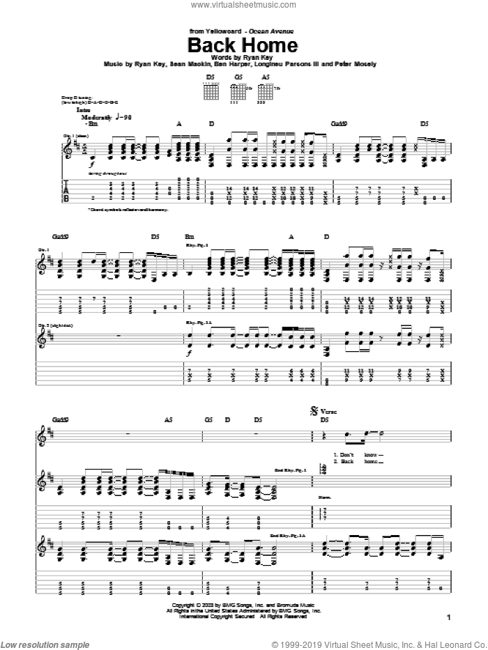 Back Home sheet music for guitar (tablature) by Yellowcard, Ben Harper, Longineu Parsons III, Peter Mosely, Ryan Key and Sean Mackin, intermediate skill level