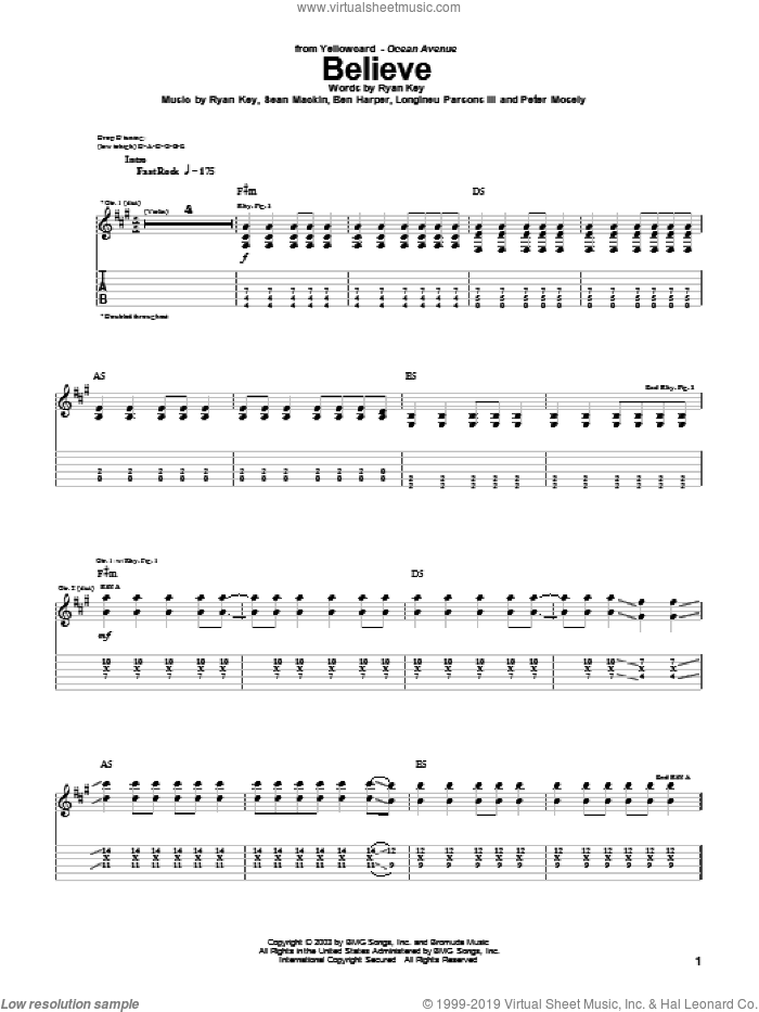 Believe sheet music for guitar (tablature) by Yellowcard, Ben Harper, Longineu Parsons III, Peter Mosely, Ryan Key and Sean Mackin, intermediate skill level