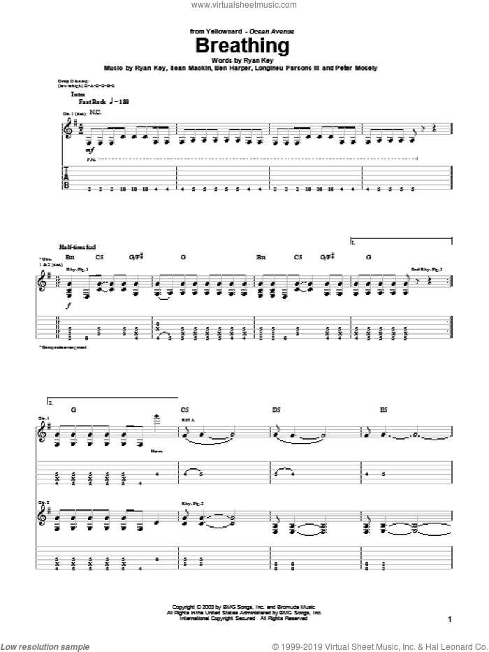 Breathing sheet music for guitar (tablature) by Yellowcard, Ben Harper, Longineu Parsons III, Peter Mosely, Ryan Key and Sean Mackin, intermediate skill level