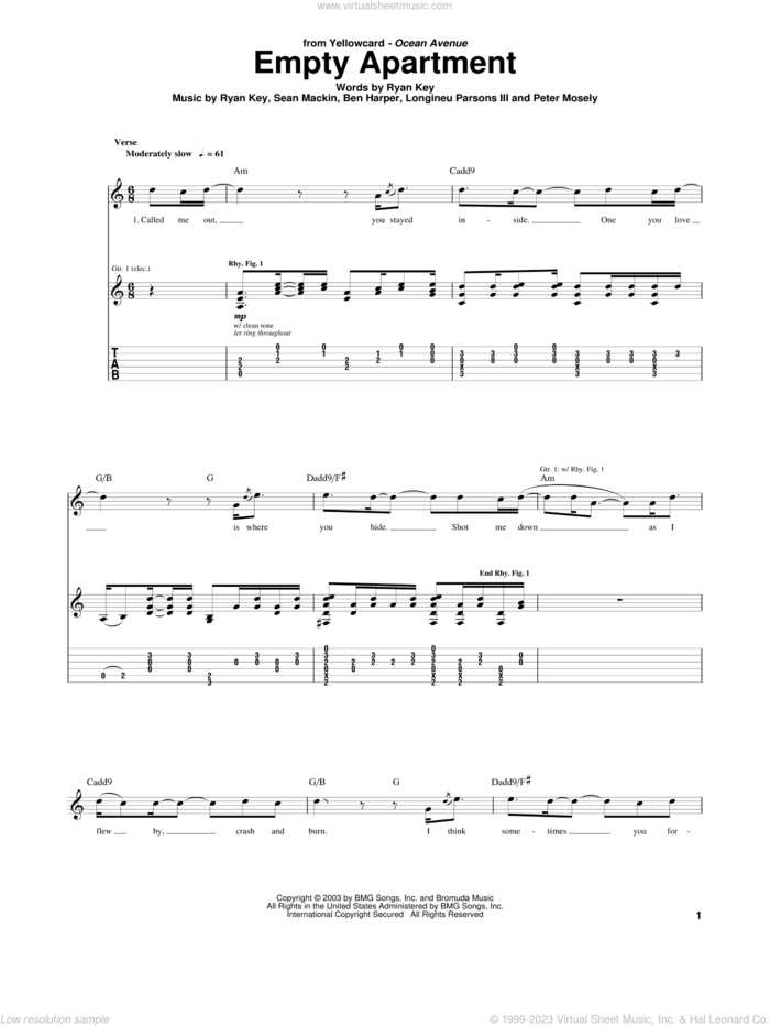 Empty Apartment sheet music for guitar (tablature) by Yellowcard, Ben Harper, Longineu Parsons III, Peter Mosely, Ryan Key and Sean Mackin, intermediate skill level