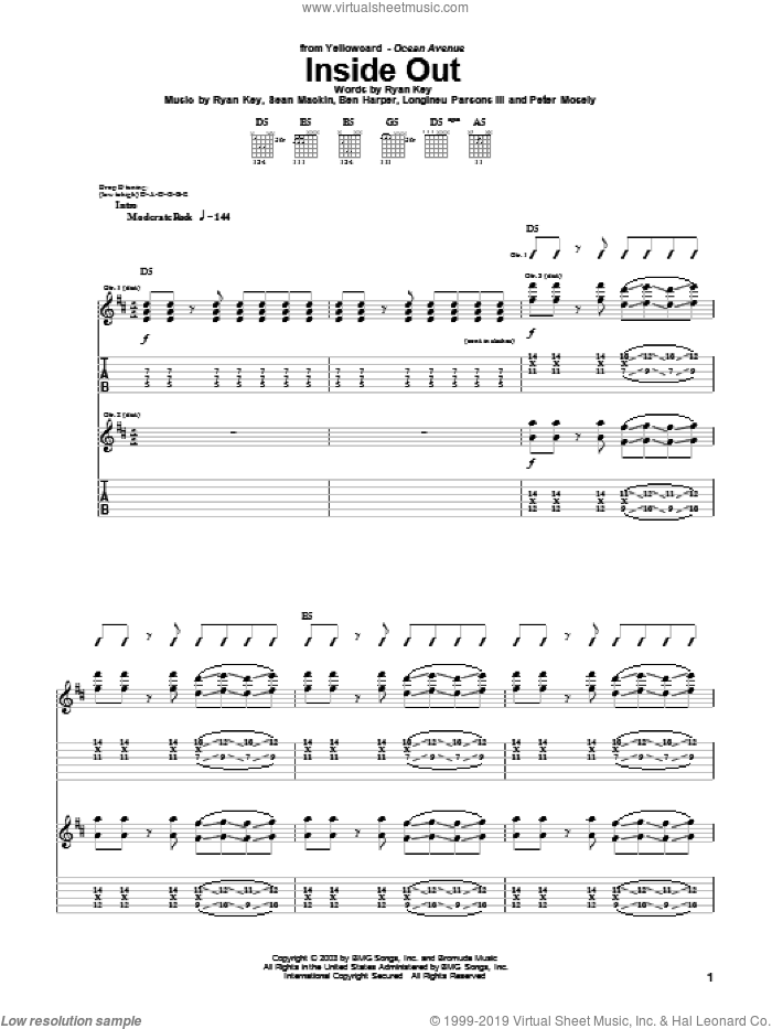 Inside Out sheet music for guitar (tablature) by Yellowcard, Ben Harper, Longineu Parsons III, Peter Mosely, Ryan Key and Sean Mackin, intermediate skill level