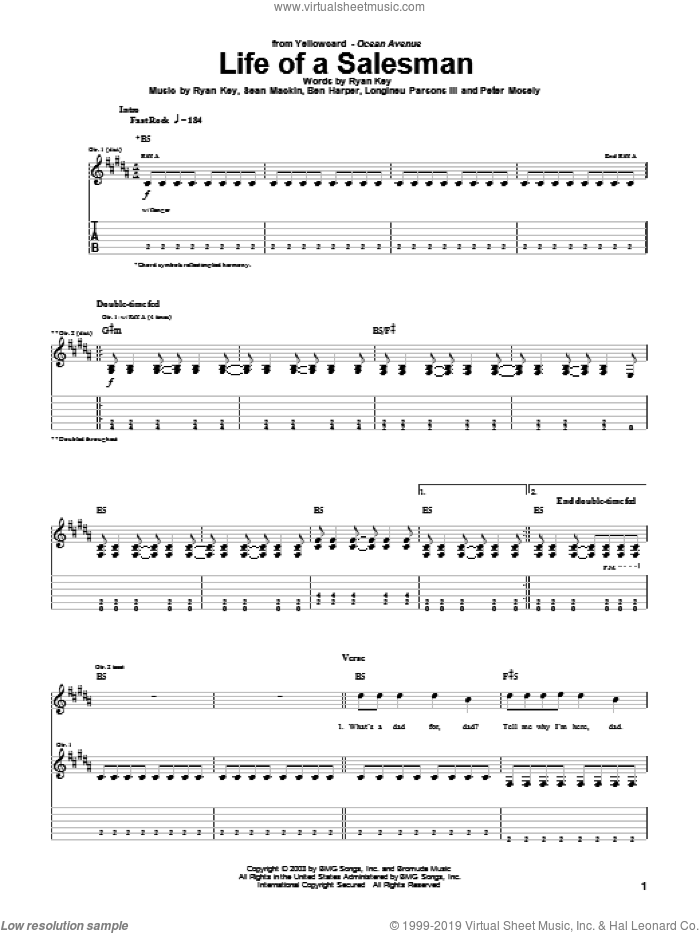 Life Of A Salesman sheet music for guitar (tablature) by Yellowcard, Ben Harper, Longineu Parsons III, Peter Mosely, Ryan Key and Sean Mackin, intermediate skill level