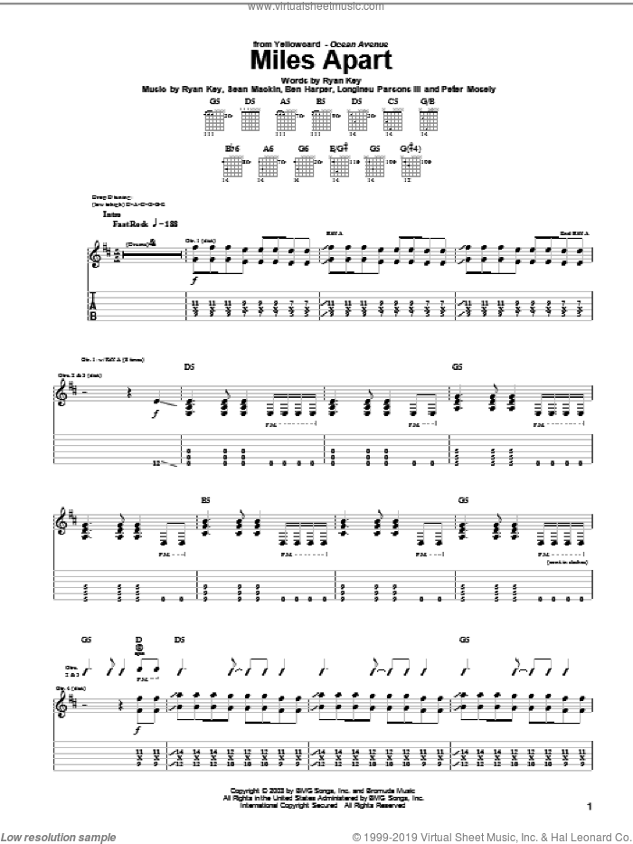 Miles Apart sheet music for guitar (tablature) by Yellowcard, Ben Harper, Longineu Parsons III, Peter Mosely, Ryan Key and Sean Mackin, intermediate skill level