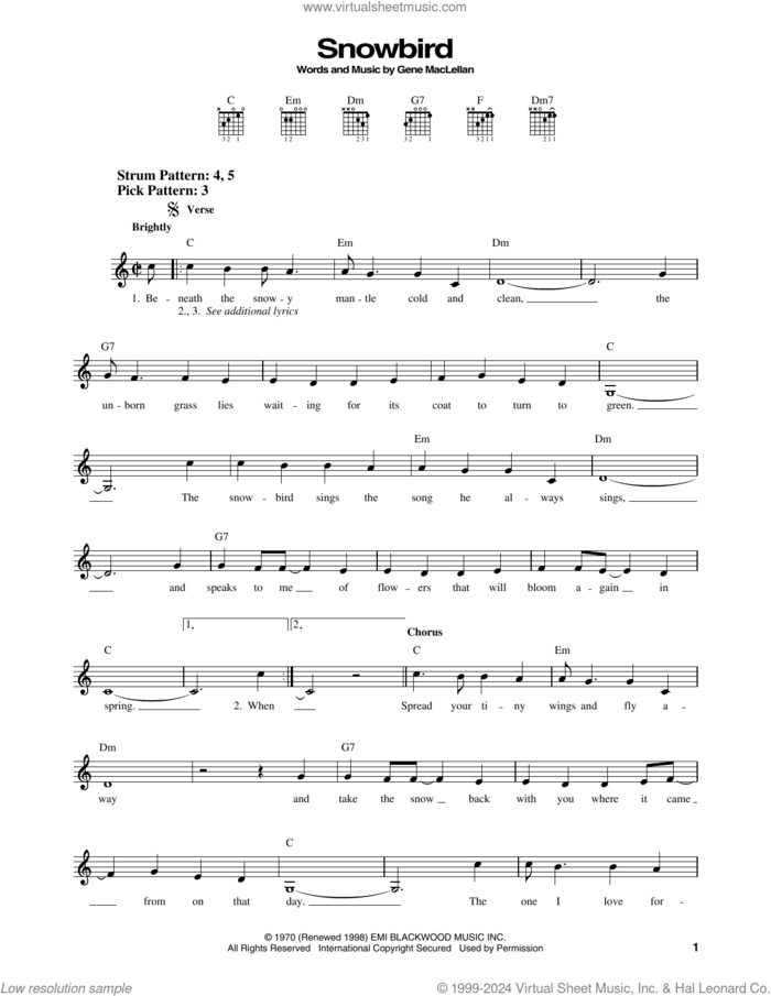 Snowbird sheet music for guitar solo (chords) by Elvis Presley and Gene MacLellan, easy guitar (chords)