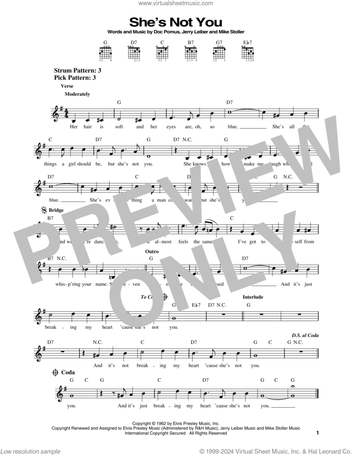 She's Not You sheet music for guitar solo (chords) by Elvis Presley, Doc Pomus, Jerry Leiber and Mike Stoller, easy guitar (chords)
