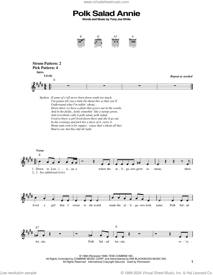 Polk Salad Annie sheet music for guitar solo (chords) by Elvis Presley and Tony Joe White, easy guitar (chords)
