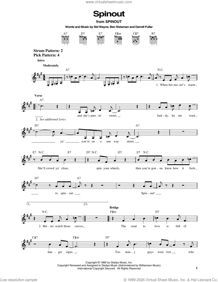 Spinout sheet music for guitar solo (chords) by Elvis Presley, Ben Weisman, Darrell Fuller and Sid Wayne, easy guitar (chords)