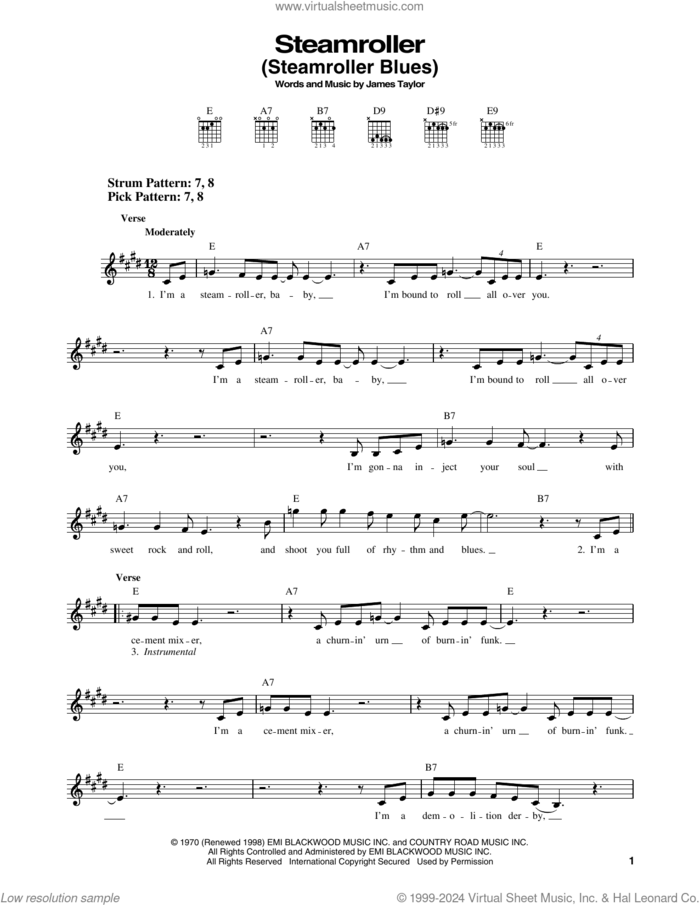 Steamroller (Steamroller Blues) sheet music for guitar solo (chords) by Elvis Presley and James Taylor, easy guitar (chords)