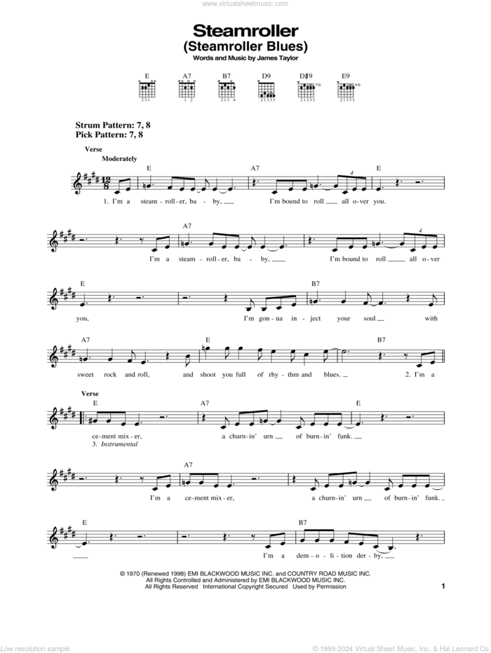 Steamroller (Steamroller Blues) sheet music for guitar solo (chords) by Elvis Presley and James Taylor, easy guitar (chords)