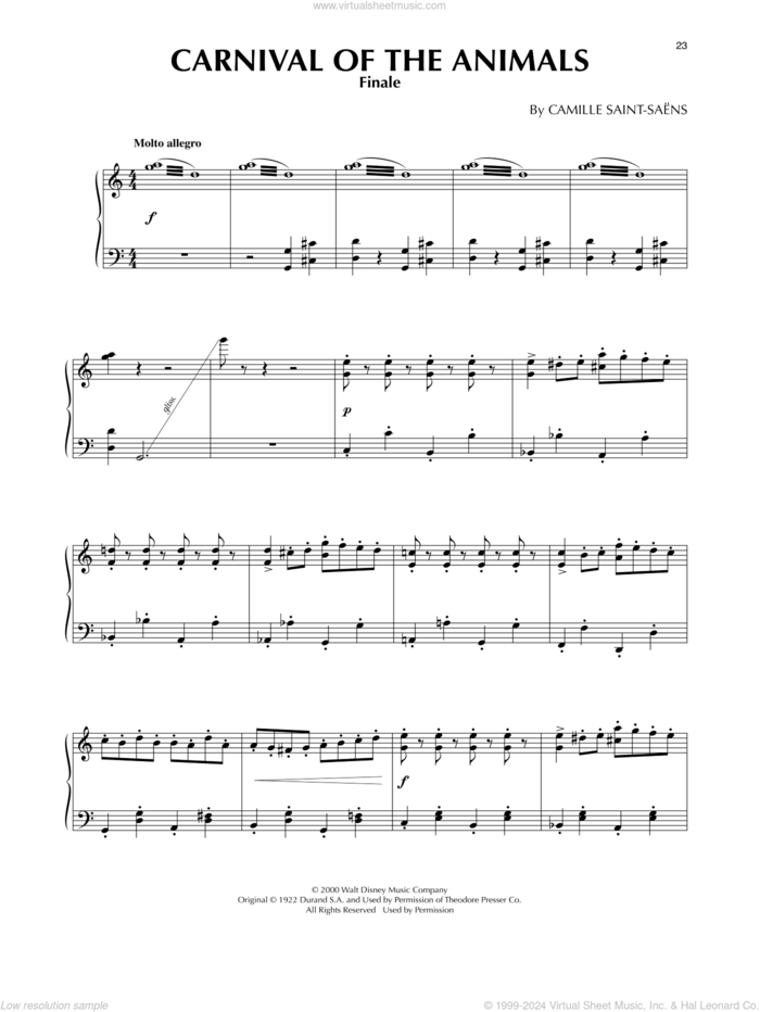 Carnival Of The Animals (from Fantasia 2000), (intermediate) sheet music for piano solo by Camille Saint-Saens, classical score, intermediate skill level