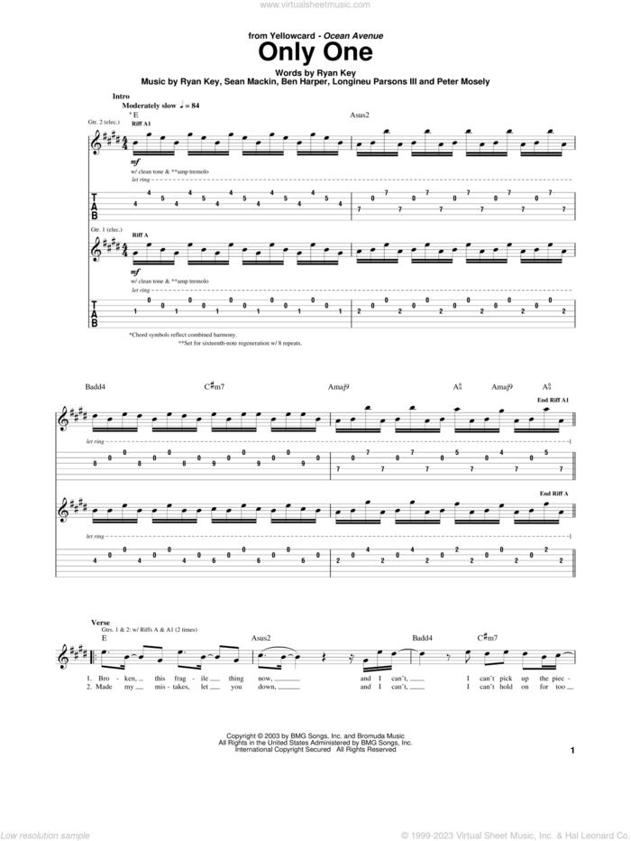 Only One sheet music for guitar (tablature) by Yellowcard, Ben Harper, Longineu Parsons III, Peter Mosely, Ryan Key and Sean Mackin, intermediate skill level