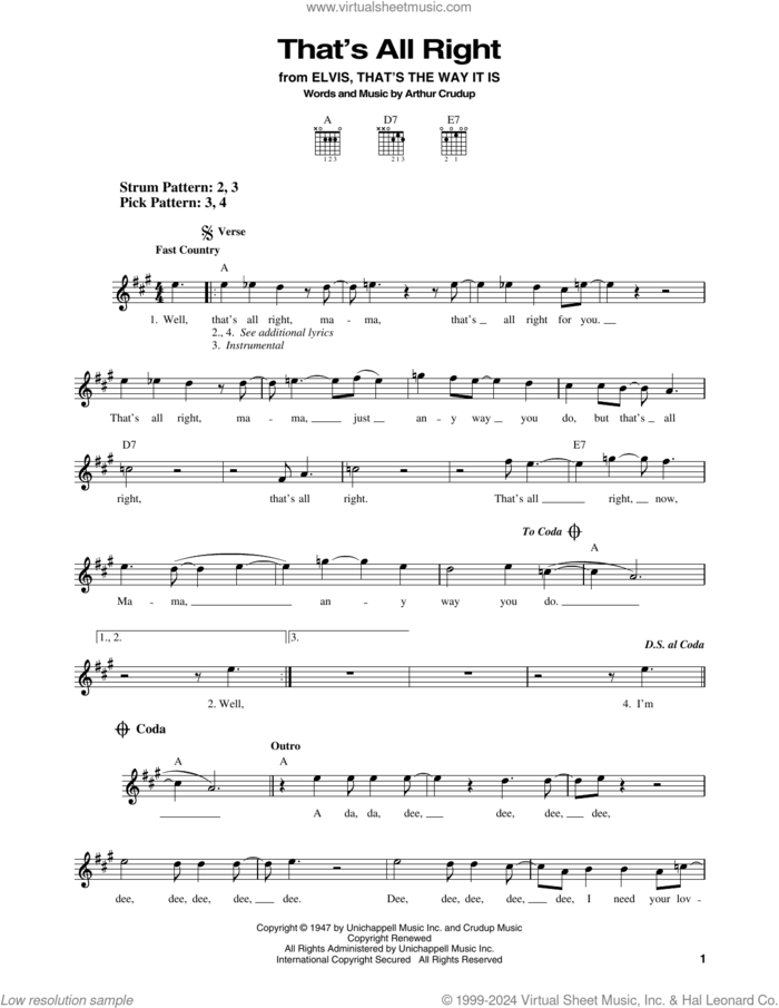 That's All Right sheet music for guitar solo (chords) by Elvis Presley, Johnny Cash and Arthur Crudup, easy guitar (chords)