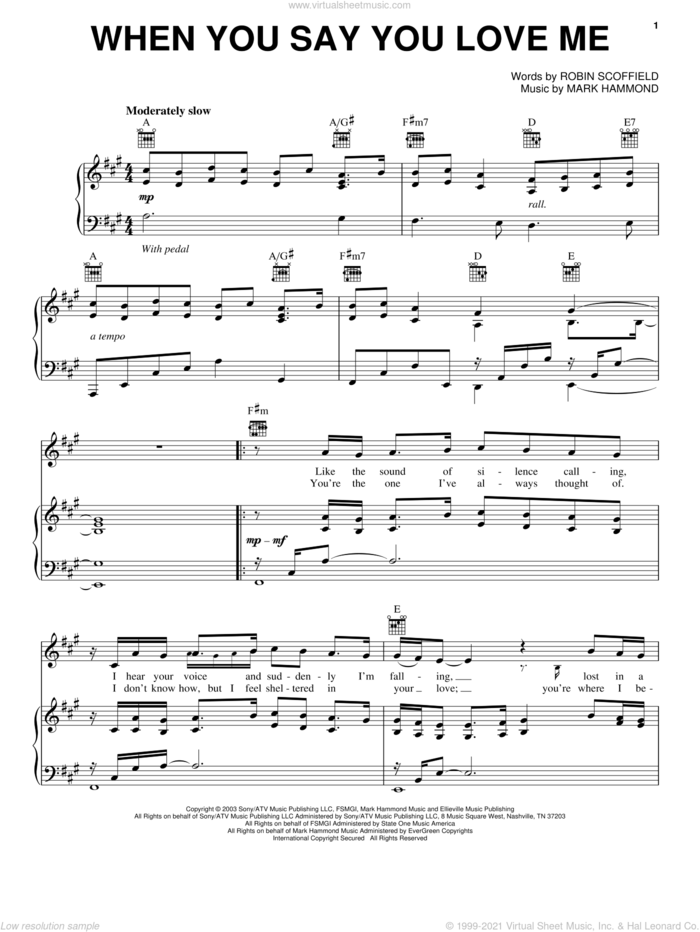 When You Say You Love Me sheet music for voice, piano or guitar by Josh Groban, Mark Hammond and Robin Scoffield, wedding score, intermediate skill level