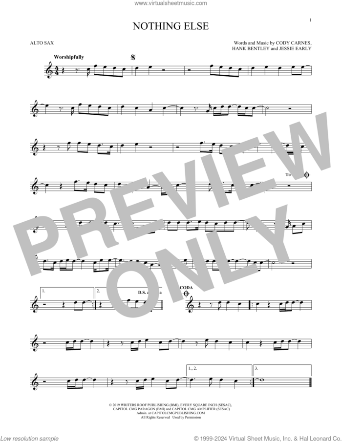 Nothing Else sheet music for alto saxophone solo by Cody Carnes, Hank Bentley and Jessie Early, intermediate skill level