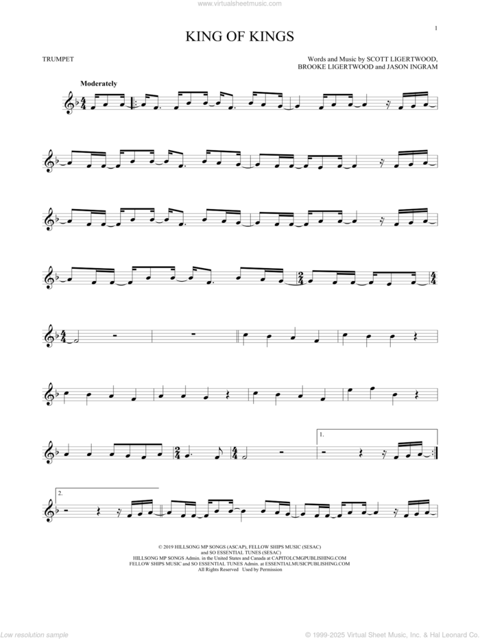 King Of Kings sheet music for trumpet solo by Hillsong Worship, Brooke Ligertwood, Jason Ingram and Scott Ligertwood, intermediate skill level