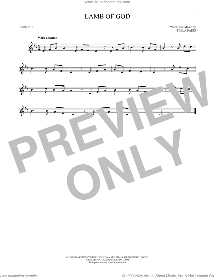 Lamb Of God sheet music for trumpet solo by Twila Paris, intermediate skill level