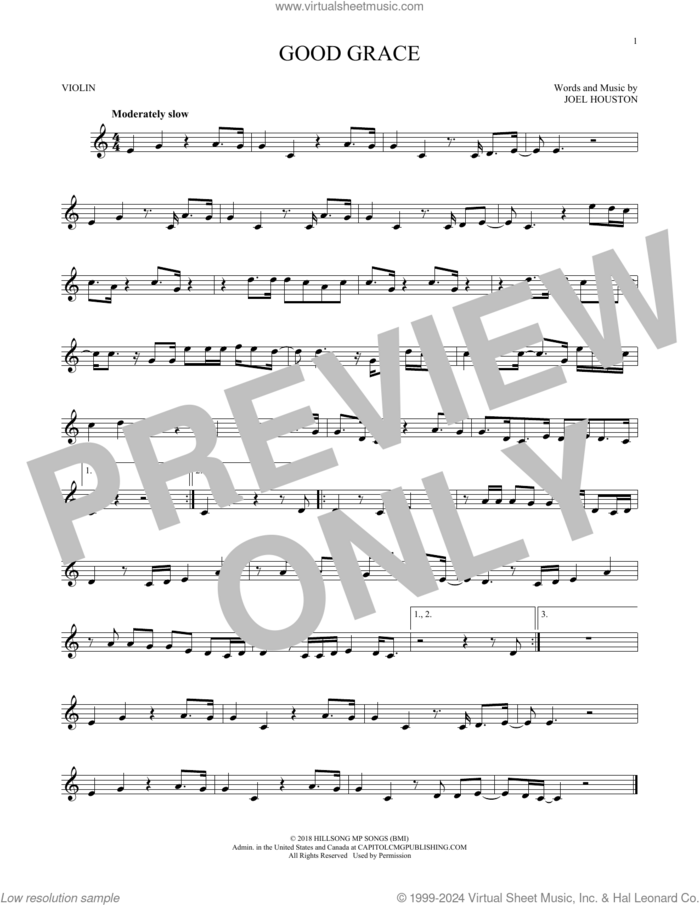 Good Grace sheet music for violin solo by Hillsong United and Joel Houston, intermediate skill level
