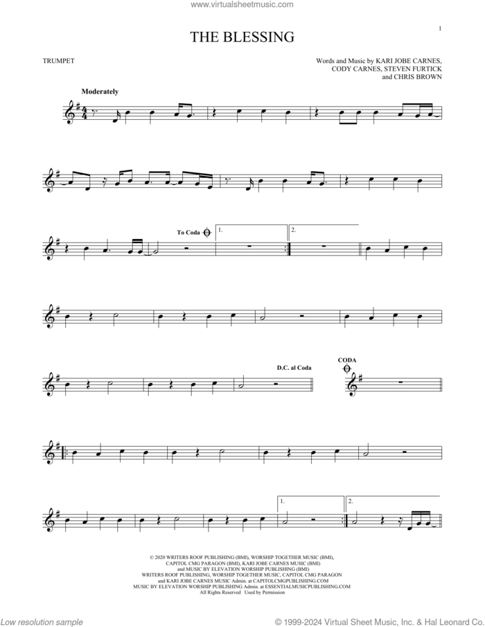 The Blessing sheet music for trumpet solo by Kari Jobe, Cody Carnes & Elevation Worship, Chris Brown, Cody Carnes, Kari Jobe Carnes and Steven Furtick, intermediate skill level