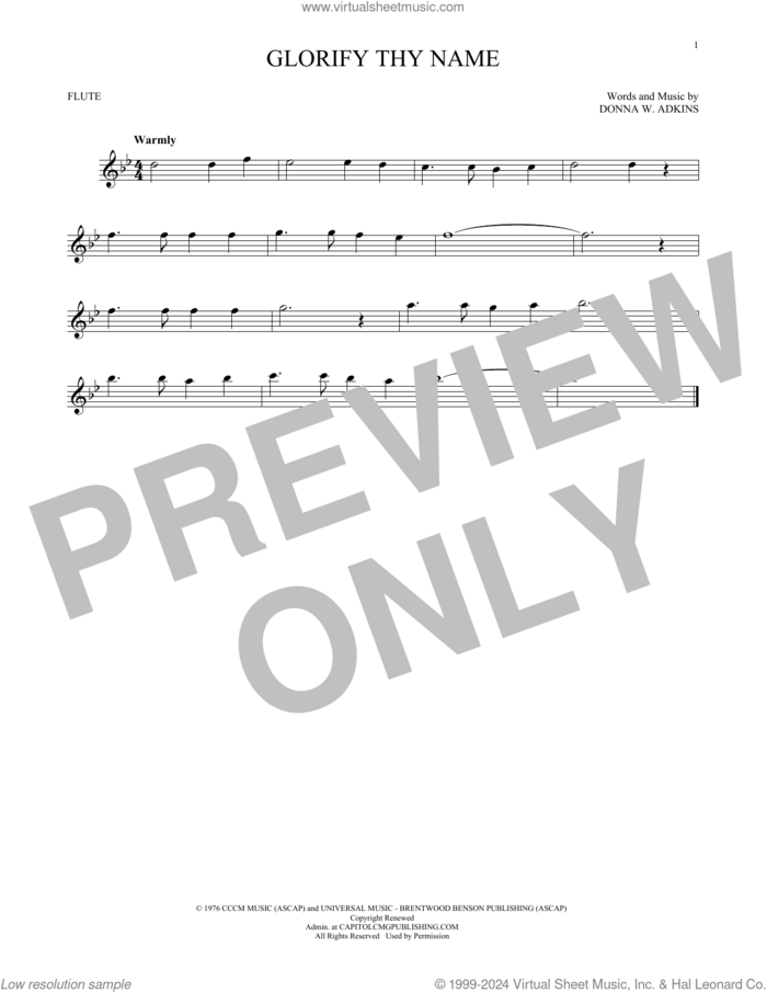 Glorify Thy Name sheet music for flute solo by Donna Adkins, intermediate skill level