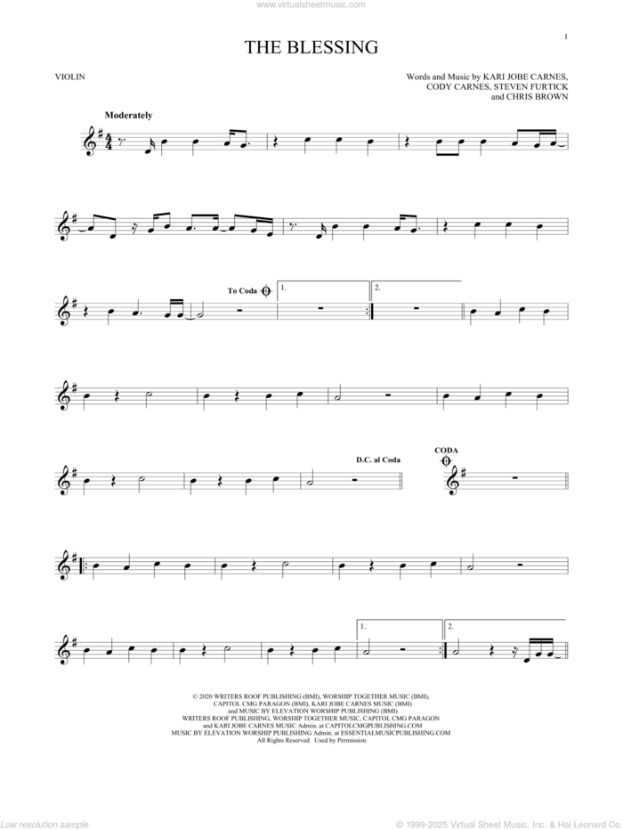 The Blessing sheet music for violin solo by Kari Jobe, Cody Carnes & Elevation Worship, Chris Brown, Cody Carnes, Kari Jobe Carnes and Steven Furtick, intermediate skill level