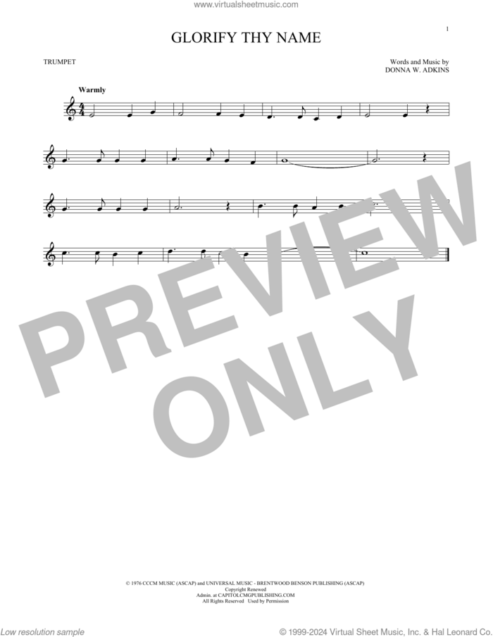 Glorify Thy Name sheet music for trumpet solo by Donna Adkins, intermediate skill level
