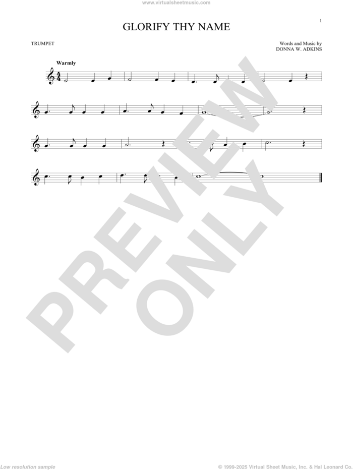 Glorify Thy Name sheet music for trumpet solo by Donna Adkins, intermediate skill level