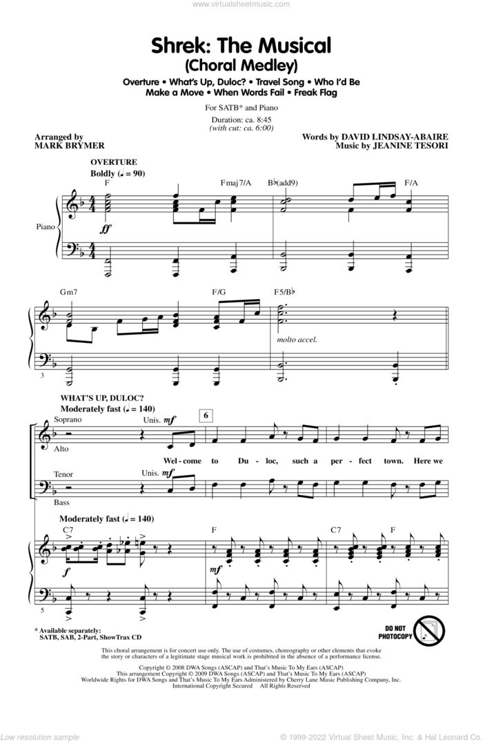 Shrek: The Musical (Choral Medley) sheet music for choir (SATB: soprano, alto, tenor, bass) by Jeanine Tesori, David Lindsay-Abaire and Mark Brymer, intermediate skill level