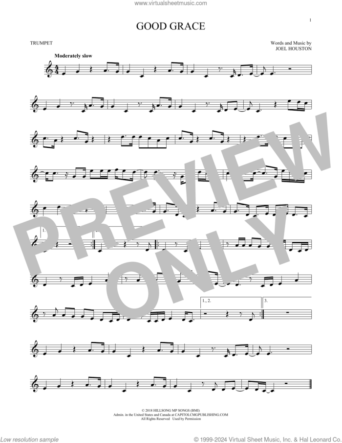 Good Grace sheet music for trumpet solo by Hillsong United and Joel Houston, intermediate skill level