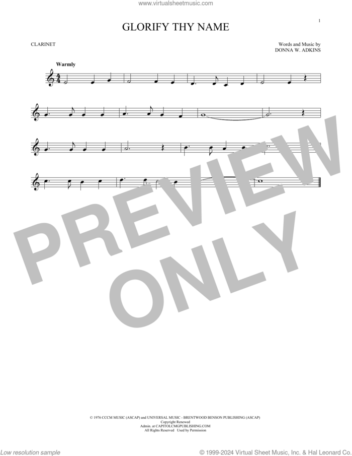 Glorify Thy Name sheet music for clarinet solo by Donna Adkins, intermediate skill level