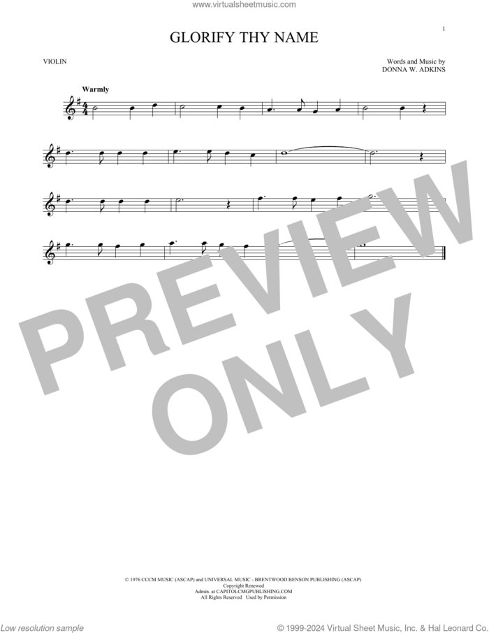 Glorify Thy Name sheet music for violin solo by Donna Adkins, intermediate skill level