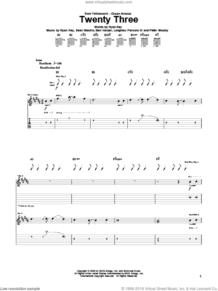 Twenty Three sheet music for guitar (tablature) by Yellowcard, Ben Harper, Longineu Parsons III, Peter Mosely, Ryan Key and Sean Mackin, intermediate skill level