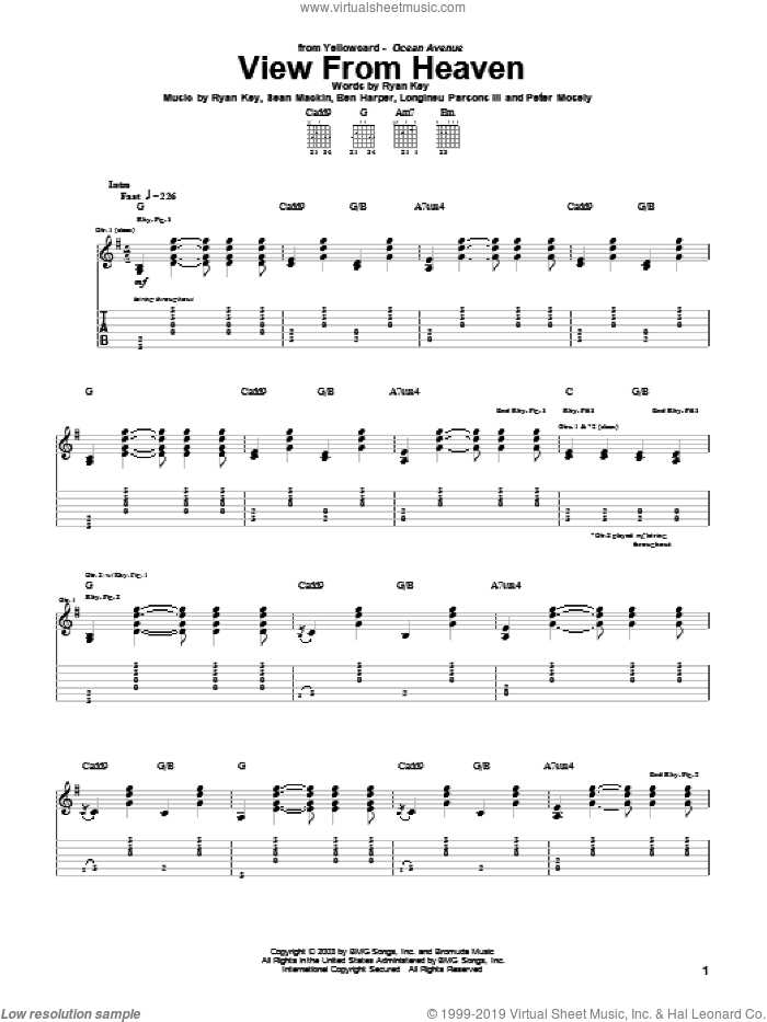 View From Heaven sheet music for guitar (tablature) by Yellowcard, Ben Harper, Longineu Parsons III, Peter Mosely, Ryan Key and Sean Mackin, intermediate skill level