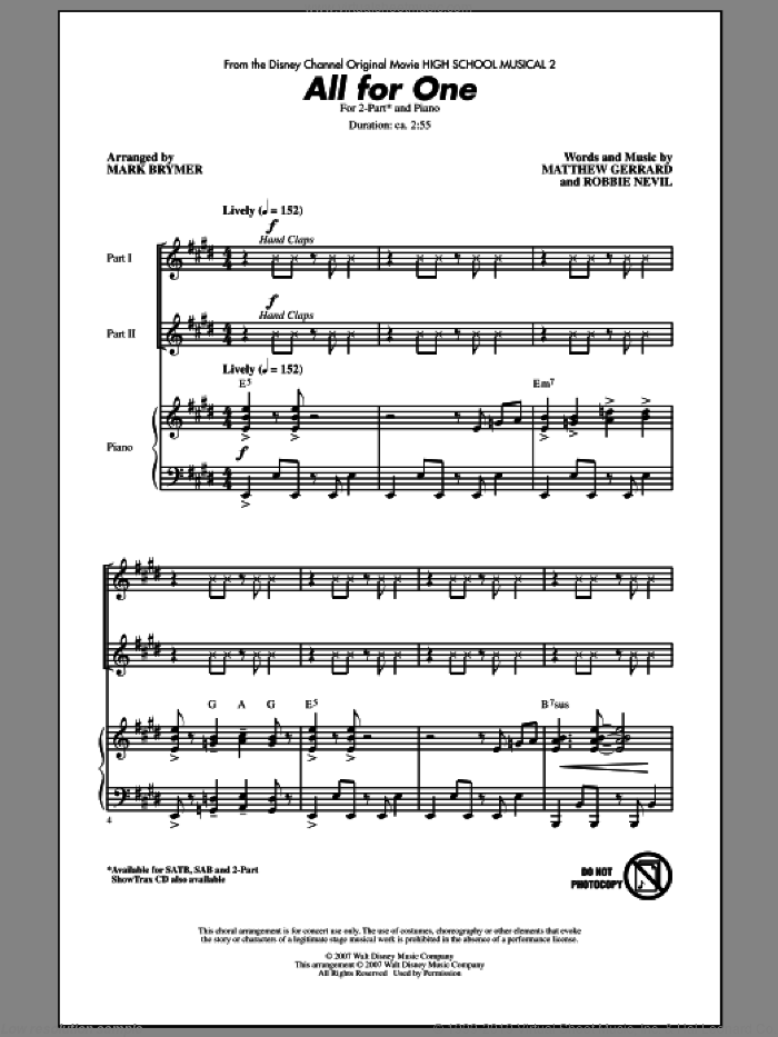 All For One (from High School Musical 2) sheet music for choir (2-Part) by Matthew Gerrard, Robbie Nevil, High School Musical 2 and Mark Brymer, intermediate duet