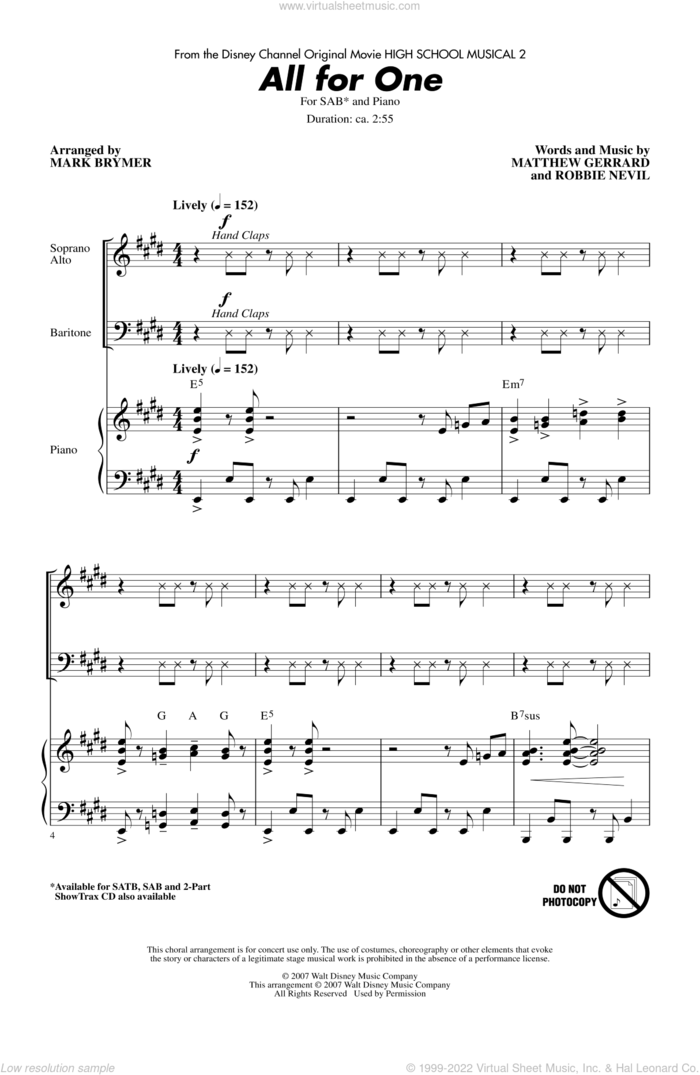 All For One (from High School Musical 2) sheet music for choir (SAB: soprano, alto, bass) by Mark Brymer, High School Musical 2, Matthew Gerrard and Robbie Nevil, intermediate skill level