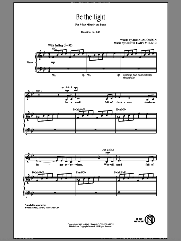 Be The Light sheet music for choir (3-Part Mixed) by Cristi Cary Miller and John Jacobson, intermediate skill level