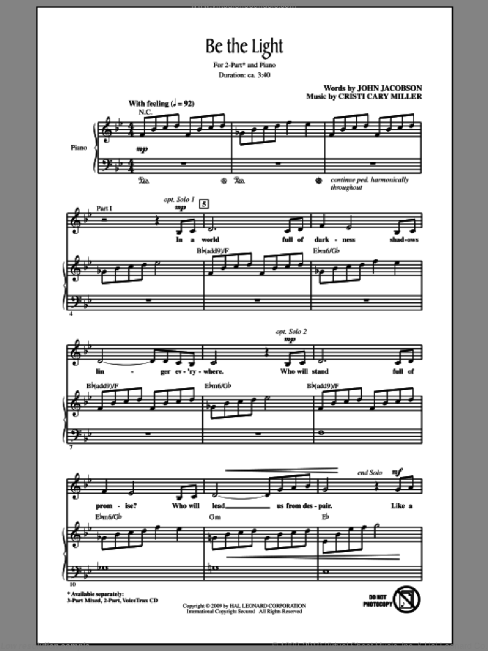 Be The Light sheet music for choir (2-Part) by Cristi Cary Miller and John Jacobson, intermediate duet